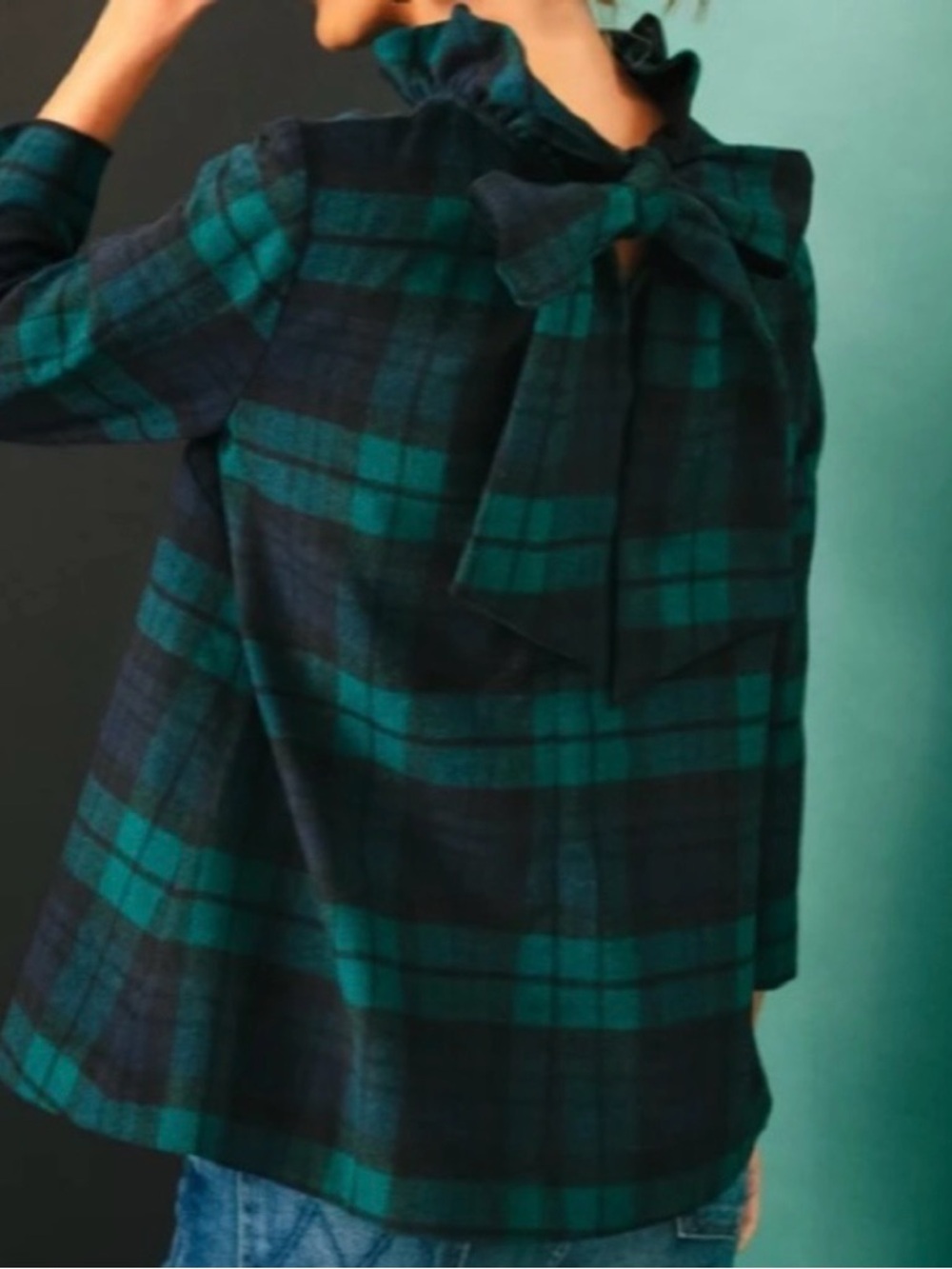Tuckernuck Daphne Ruffle Tie-Back Wool Blend Top Blackwatch Plaid Small Preppy - Picture 14 of 14